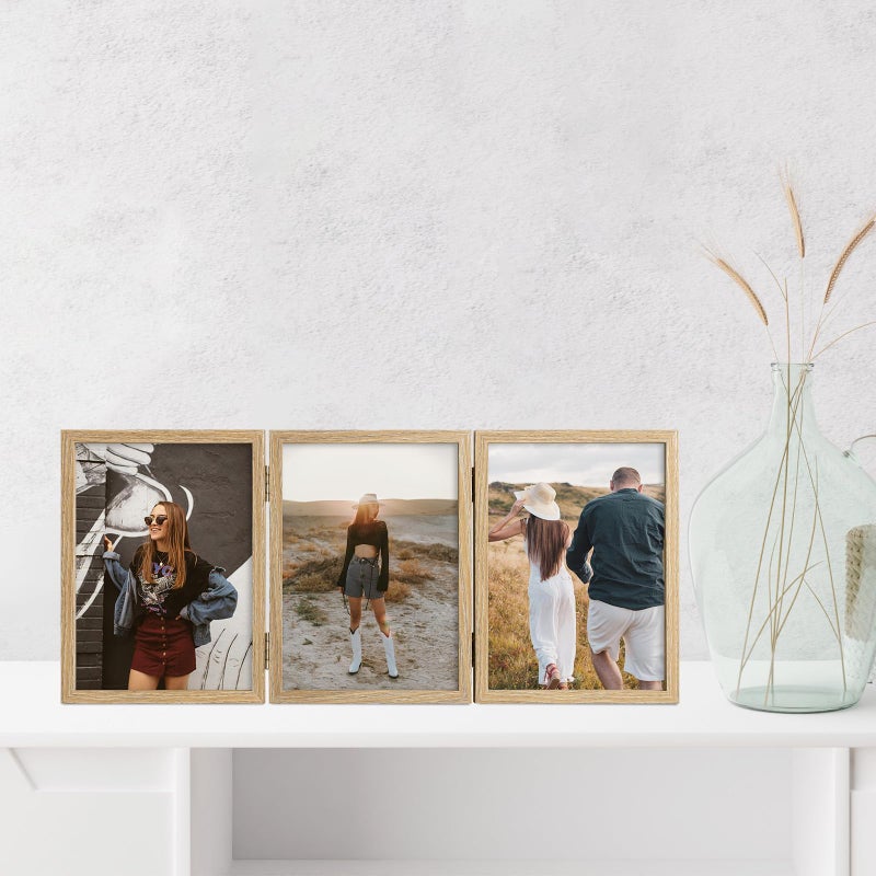 Space Art Deco 5x7 Triple Hinged Frames, 3 Folding Picture Frame, Triptych Photo Frame, Stand Vertically on Desktop or Tabletop, Wood Grain - Image 3